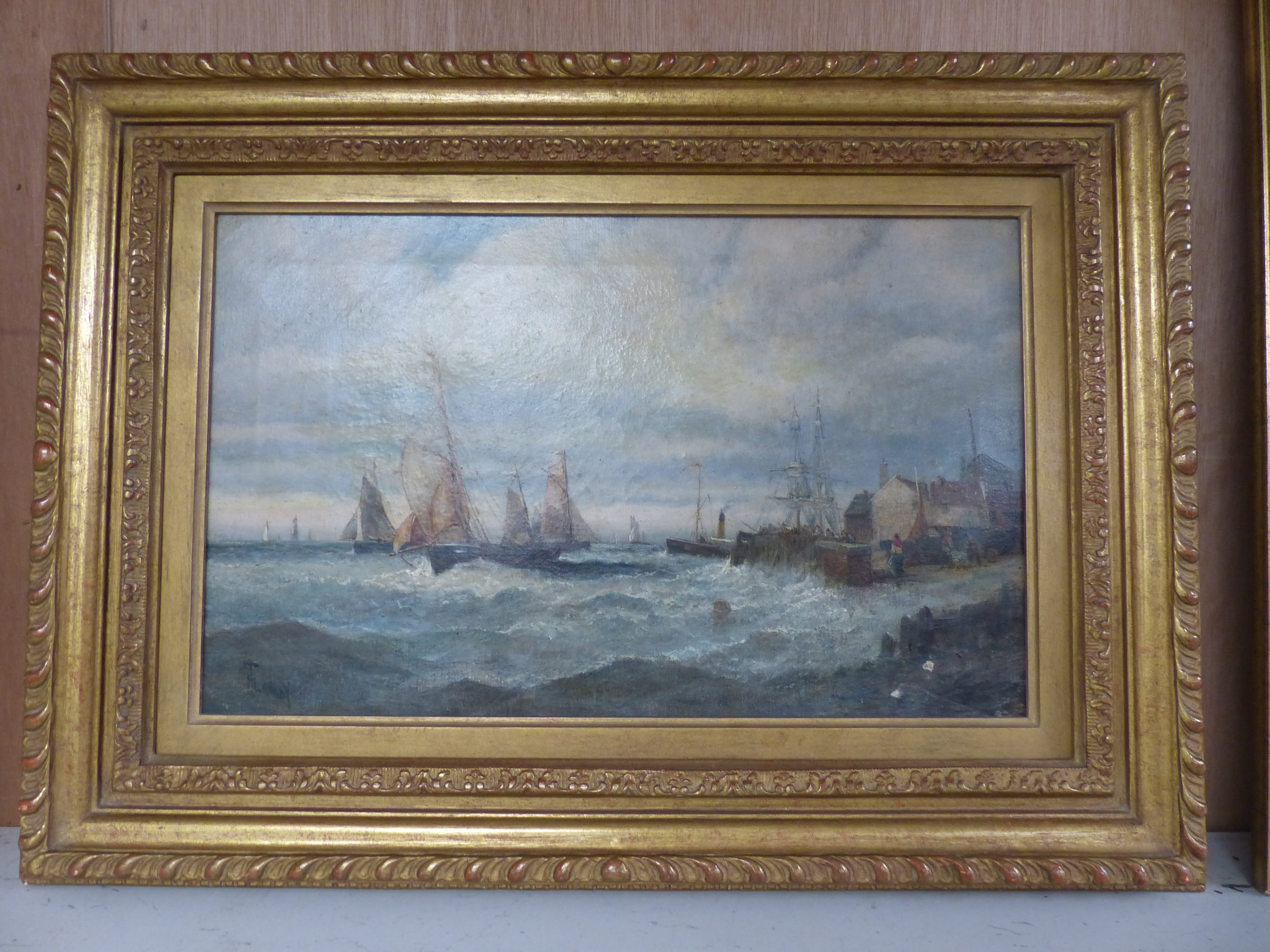 William Thornley, oil on canvas, Fishing boats of the coast, signed, 24 x 39cm